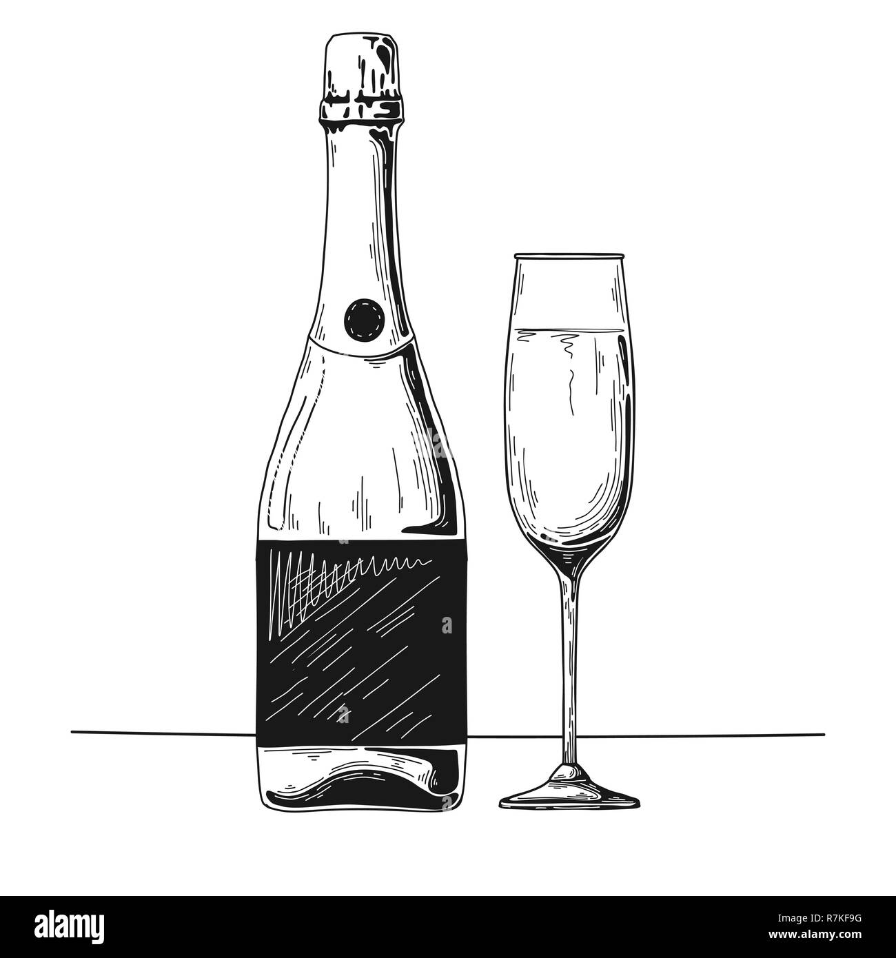 Bouteille de champagne et le verre. Vector illustration Illustration de Vecteur