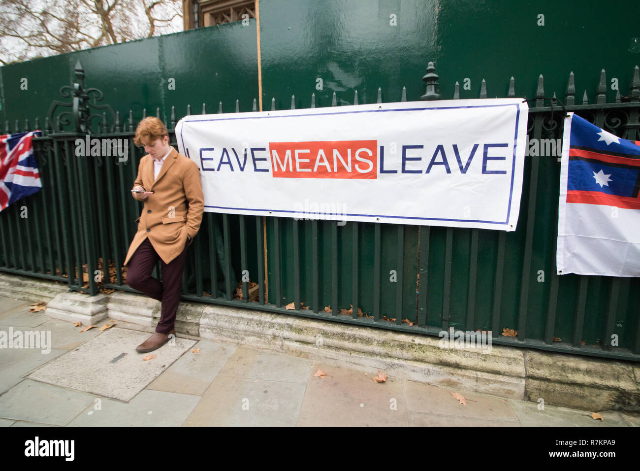 London UK. 10 décembre 2018. Un Pro pend laisser devant le Parlement le jour premier ministre Theresa May's reporte l'Accord Brexit vote à la Chambre des communes que les marchés de crédit réagir à l'actualité et les Livres Sterling tombe à son plus bas contre le Dollar Américain : amer ghazzal/Alamy Live News Banque D'Images