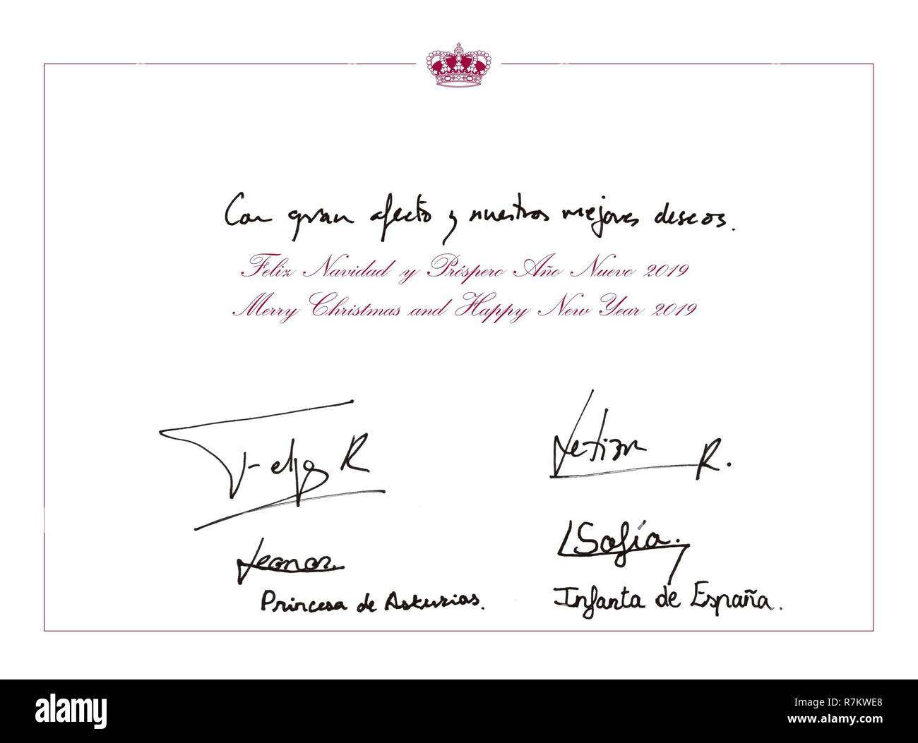 Les rois espagnols Felipe VI et Letizia Ortiz avec leurs filles la princesse Leonor et l'Infante Sofia lors d'une carte de Noël. 10/12/2018 Banque D'Images