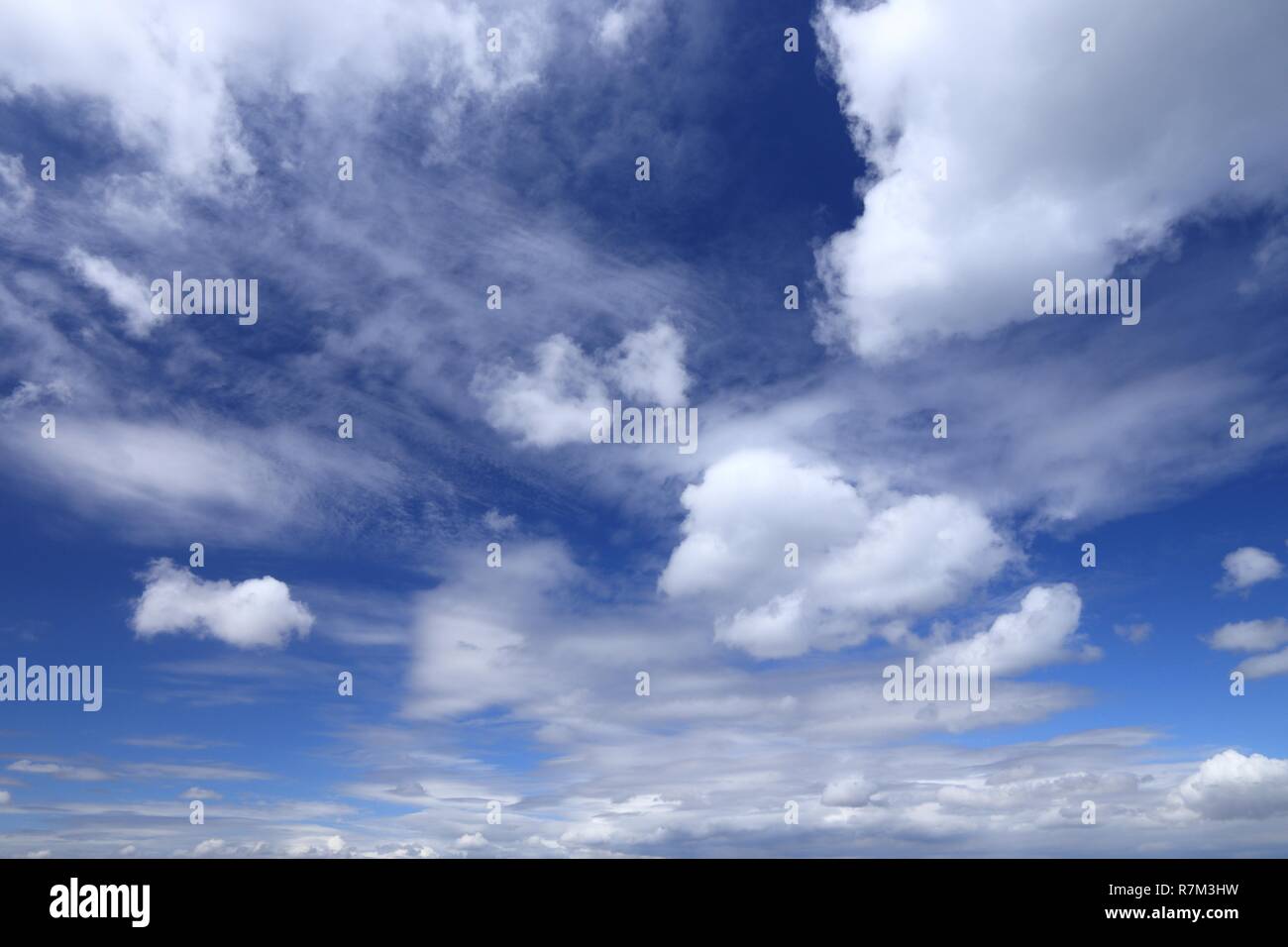Les nuages duveteux blanc sur bleu ciel. Résumé fond idyllique. Banque D'Images