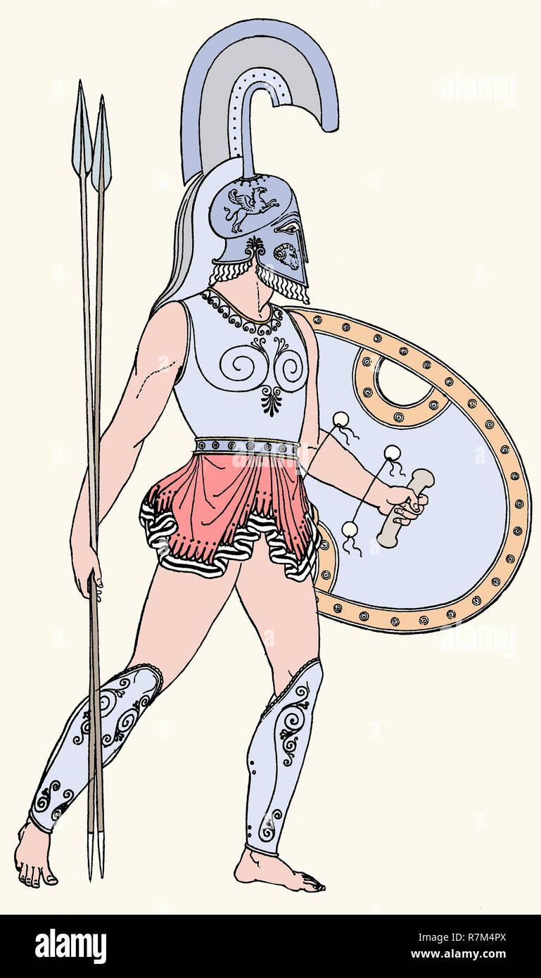 Guerrier grec. Hoplite. Gravure, 19ème siècle. La couleur. Banque D'Images