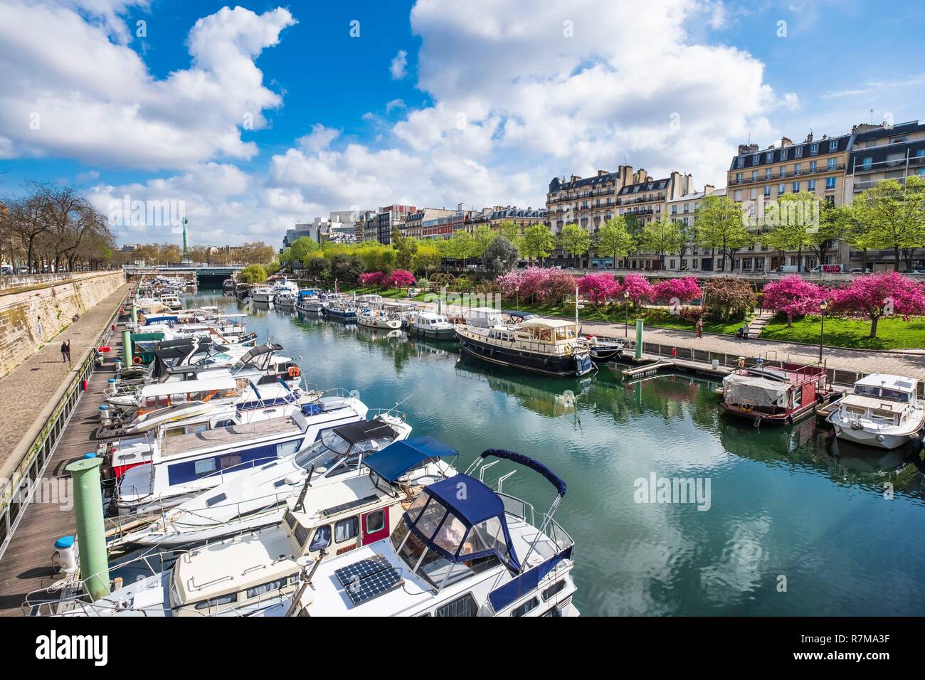 France, Paris, Port de l'Arsenal ou Bassin de l'Arsenal liens le Canal  Saint-Martin à la seine, autrefois un port de marchandises et depuis 1983  est devenu un port de plaisance Photo Stock -