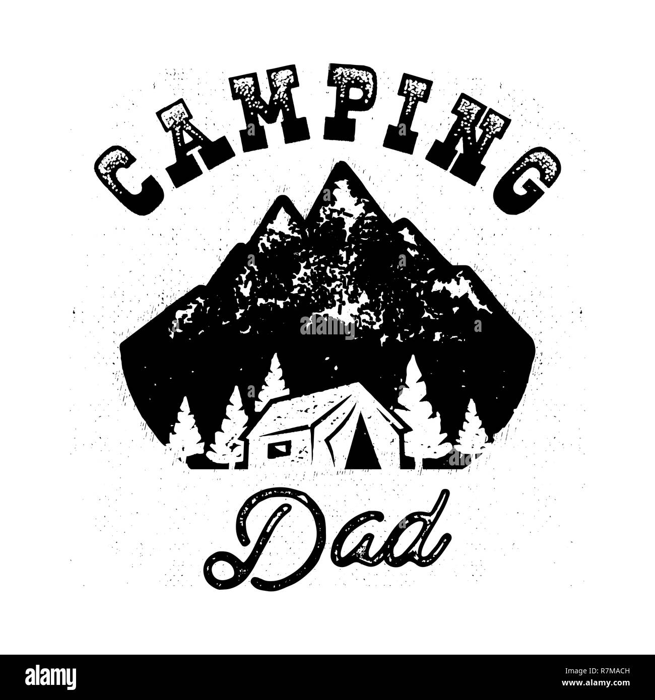 Camp d'ossature d'un insigne avec citation Camping père et les montagnes, maison dans la forêt. Nice pour la Fête des Pères comme cadeau, t-shirt, impression. Stock vector isolated on white Illustration de Vecteur