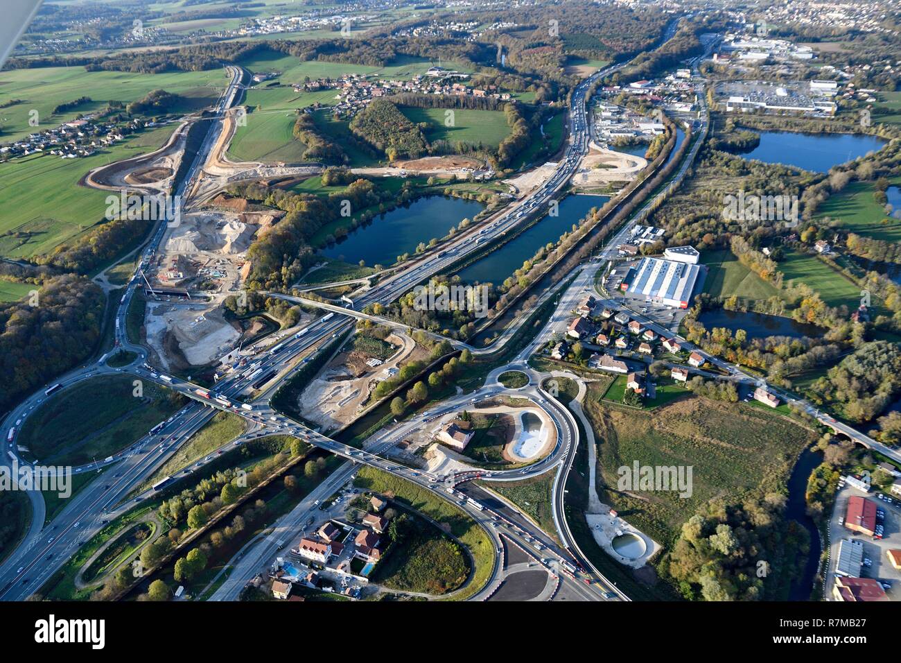 La France, Territoire de Belfort, Sevenans, travail d'autoroute A36 nouveau échangeur (vue aérienne) Banque D'Images
