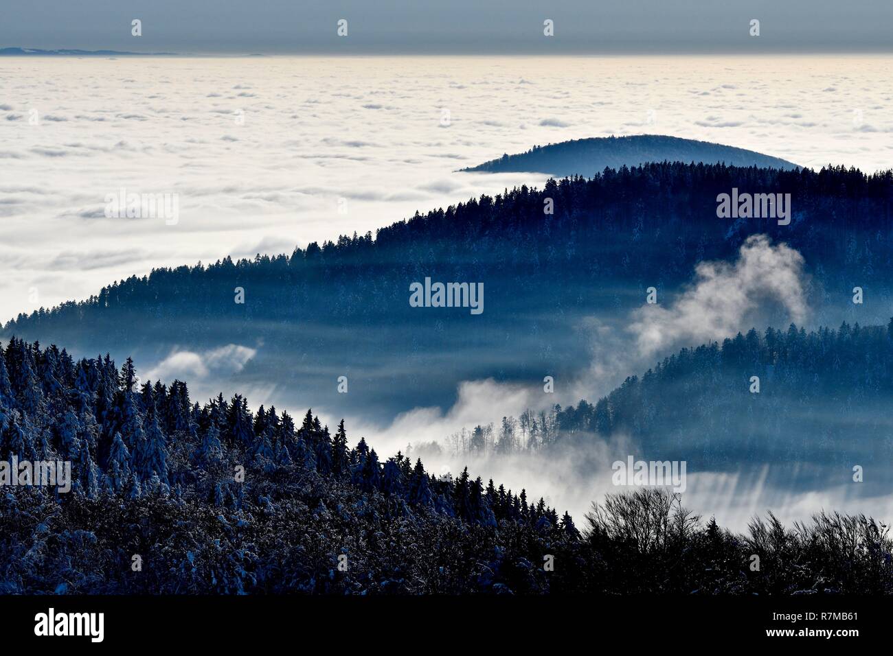 La France, Territoire de Belfort, Massif des Vosges, le Ballon d'Alsace, mer de nuages sur la vallée Haute Saônoise Banque D'Images