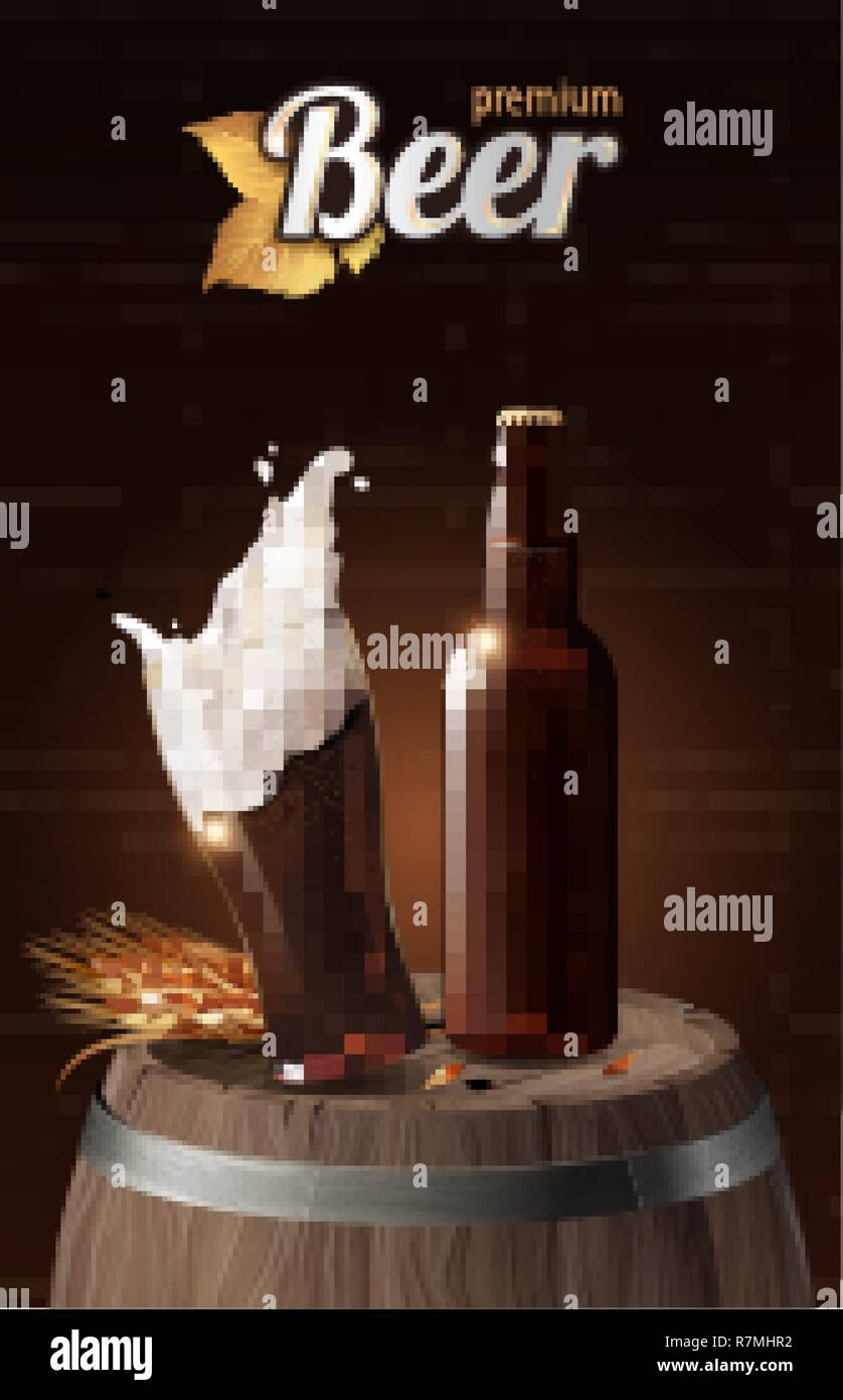 Porter la bière en verre foncé tasse et verre bouteille sur le baril en bois avec du blé, de verre avec mousse blanche en 3d illustration, les éclaboussures de bière vector illustration Illustration de Vecteur