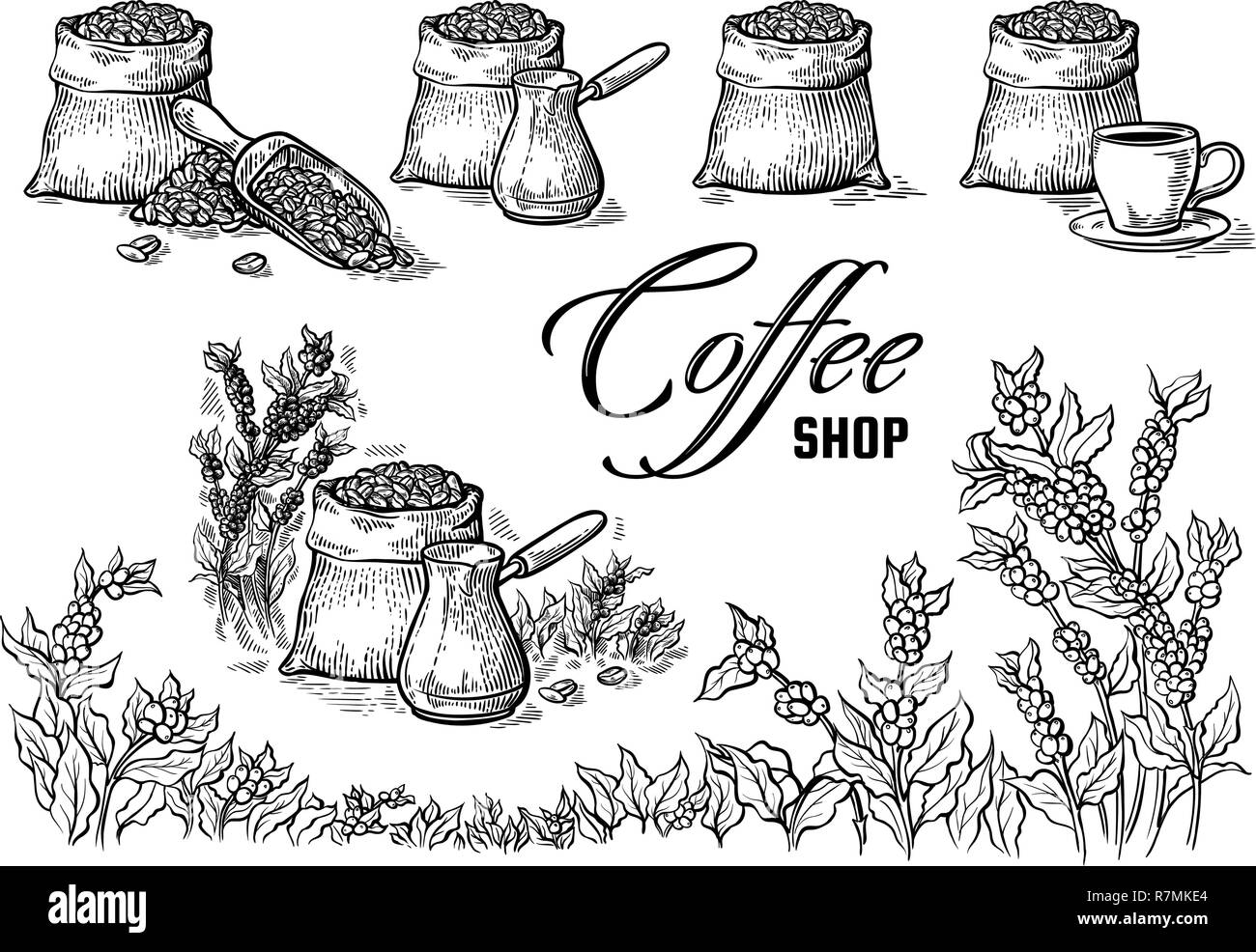 Ensemble de grains de café dans le sac et d'autres éléments de style graphique illustration vectorielle Illustration de Vecteur