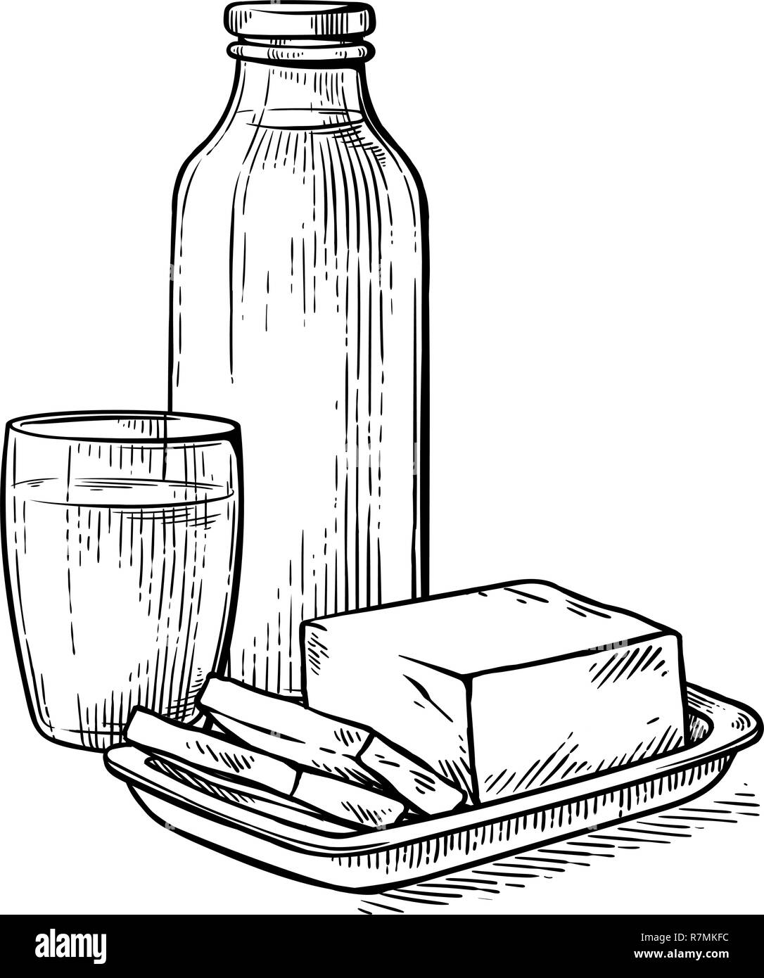 Petit-déjeuner sain croquis dessin verre bouteille de lait Lait Fromage vector illustration Illustration de Vecteur