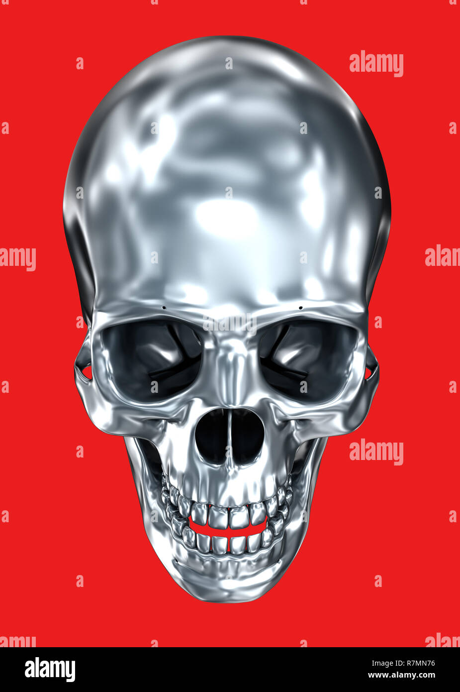 Crâne humain métallique sur fond noir , 3D illustration Banque D'Images