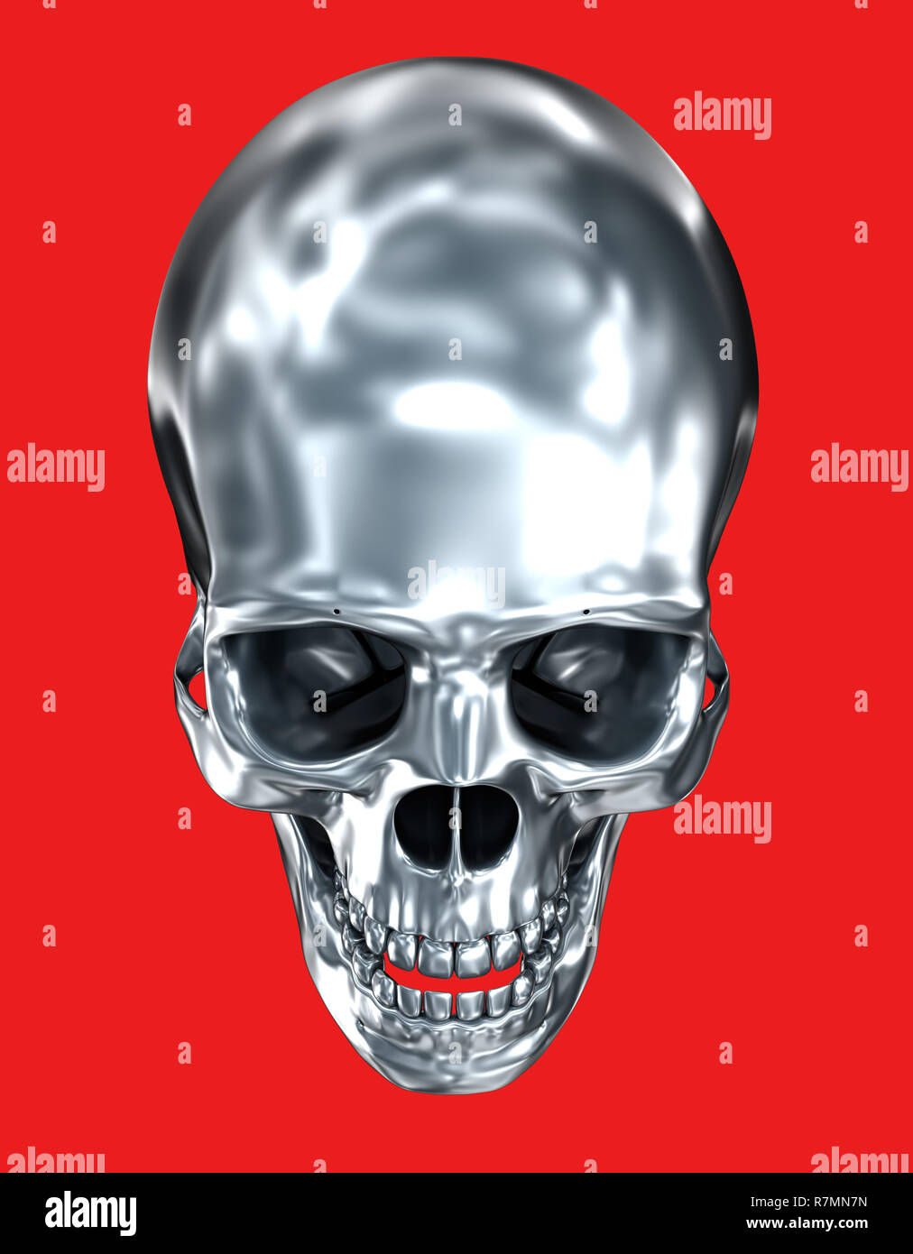 Crâne humain métallique sur fond noir , 3D illustration Banque D'Images