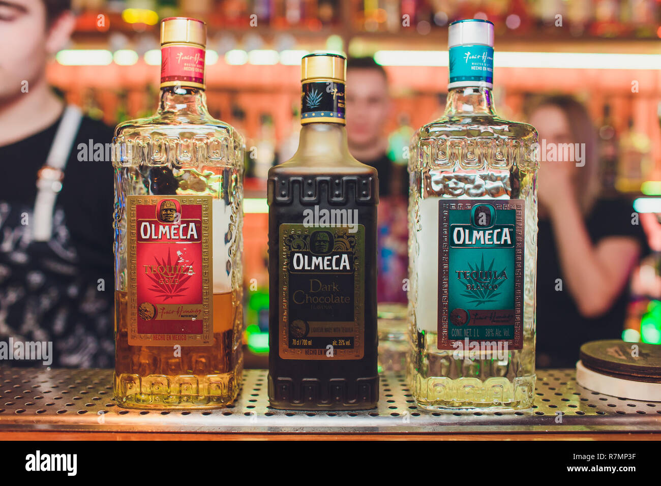 Ufa, Russie, Darling Bar, 20 novembre, 2018 : Bouteille de OLMECA TEQUILA. Banque D'Images