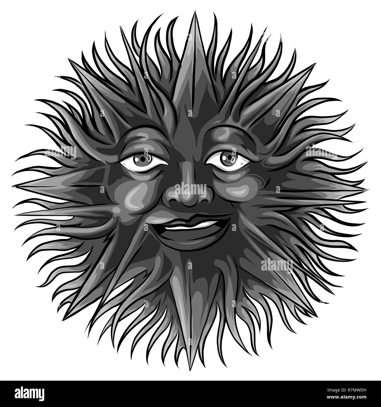 Soleil avec un visage dans un style ethnique. Symbole astrologique. Résumé de droit de la planète. Imprimer Tribal, tatouage. Banque D'Images