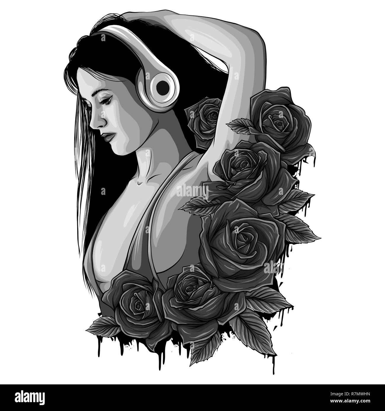 Vecto illustration belle fille avec des écouteurs et des roses Banque D'Images