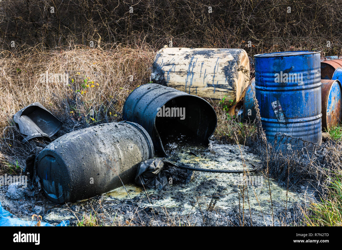 Barils de déchets toxiques dans la nature, la pollution de l'environnement. Banque D'Images