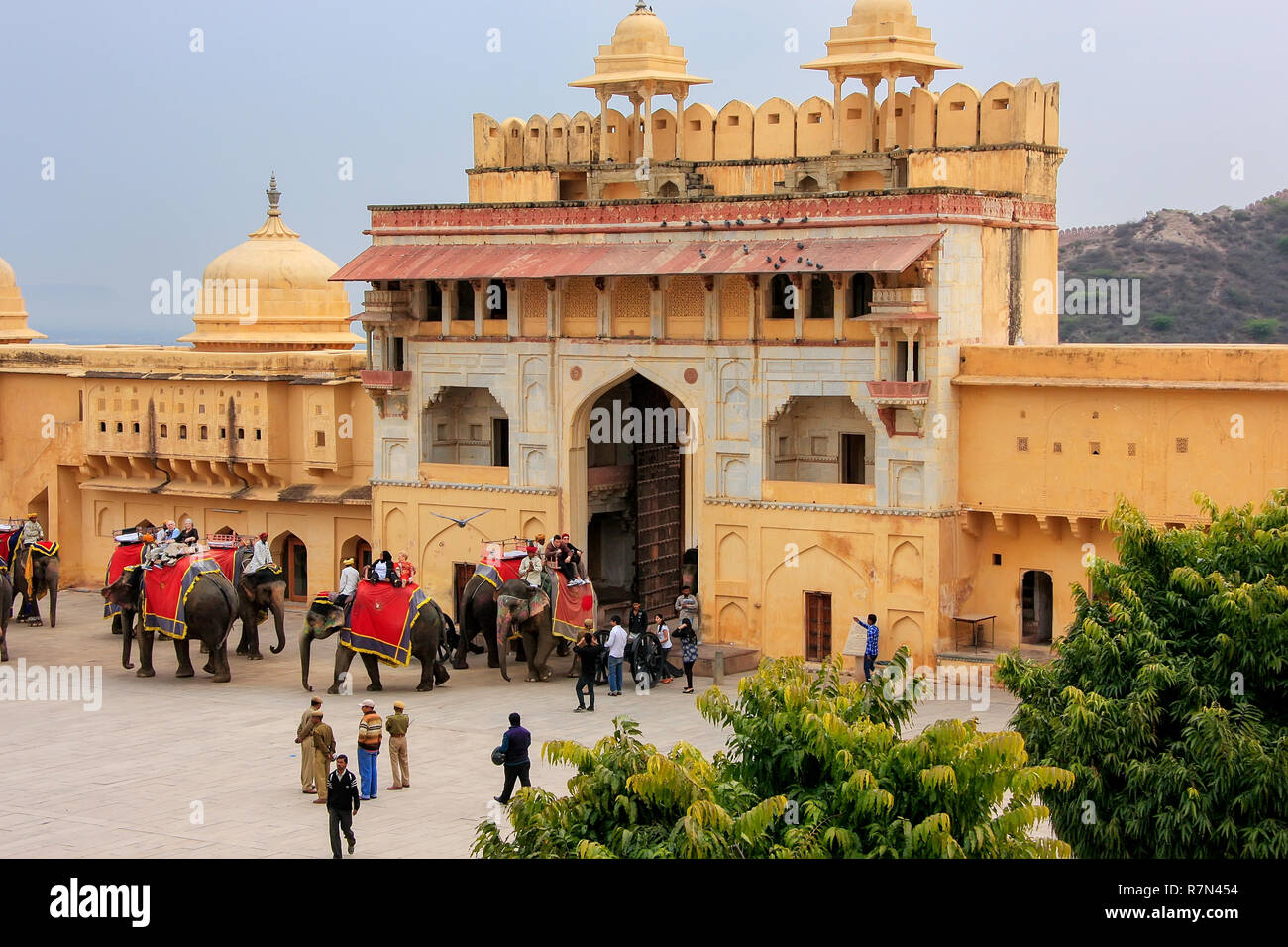 Les éléphants décorés en entrant Suraj Pol Jaleb Chowk (cour) à Fort Amber, Rajasthan, Inde. Des promenades en éléphant sont attraction touristique populaire Banque D'Images