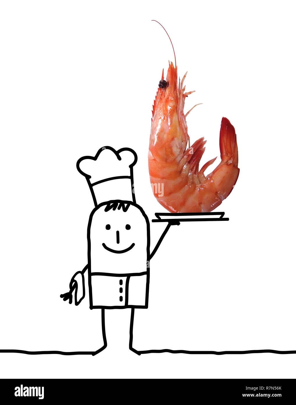 Hand drawn Cartoon Chef cuisinier avec de grandes crevettes roses dans un bac Banque D'Images