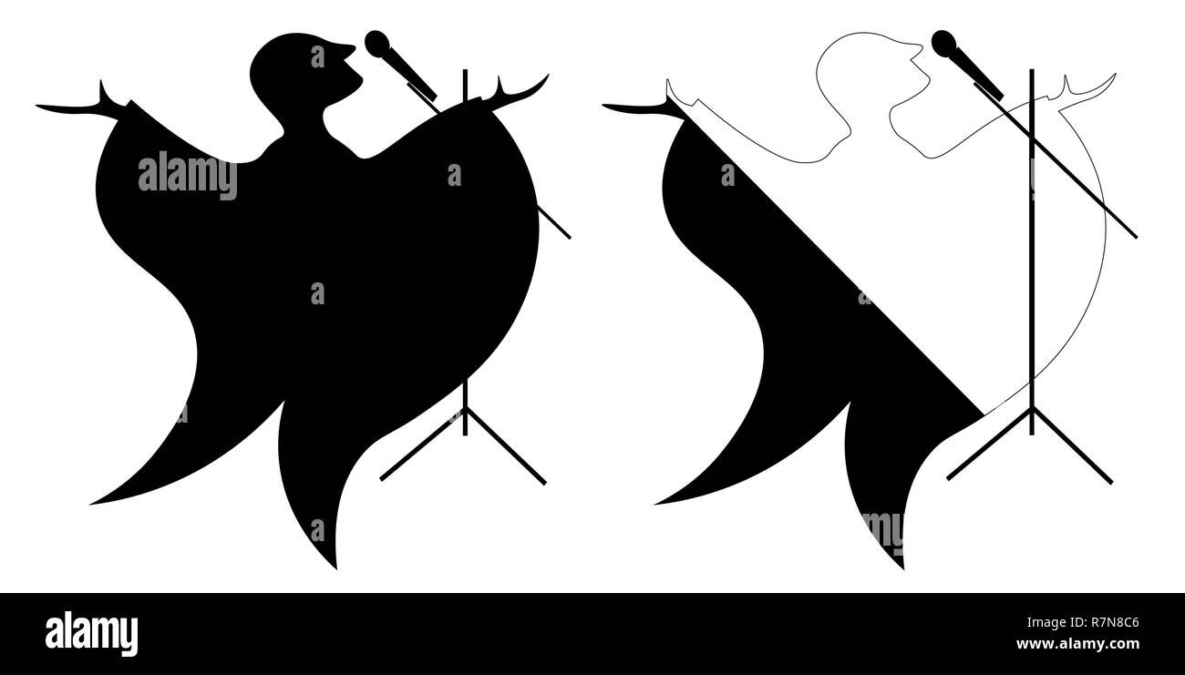 Caricature silhouette d'une chanteuse au micro comme un oiseau Illustration de Vecteur