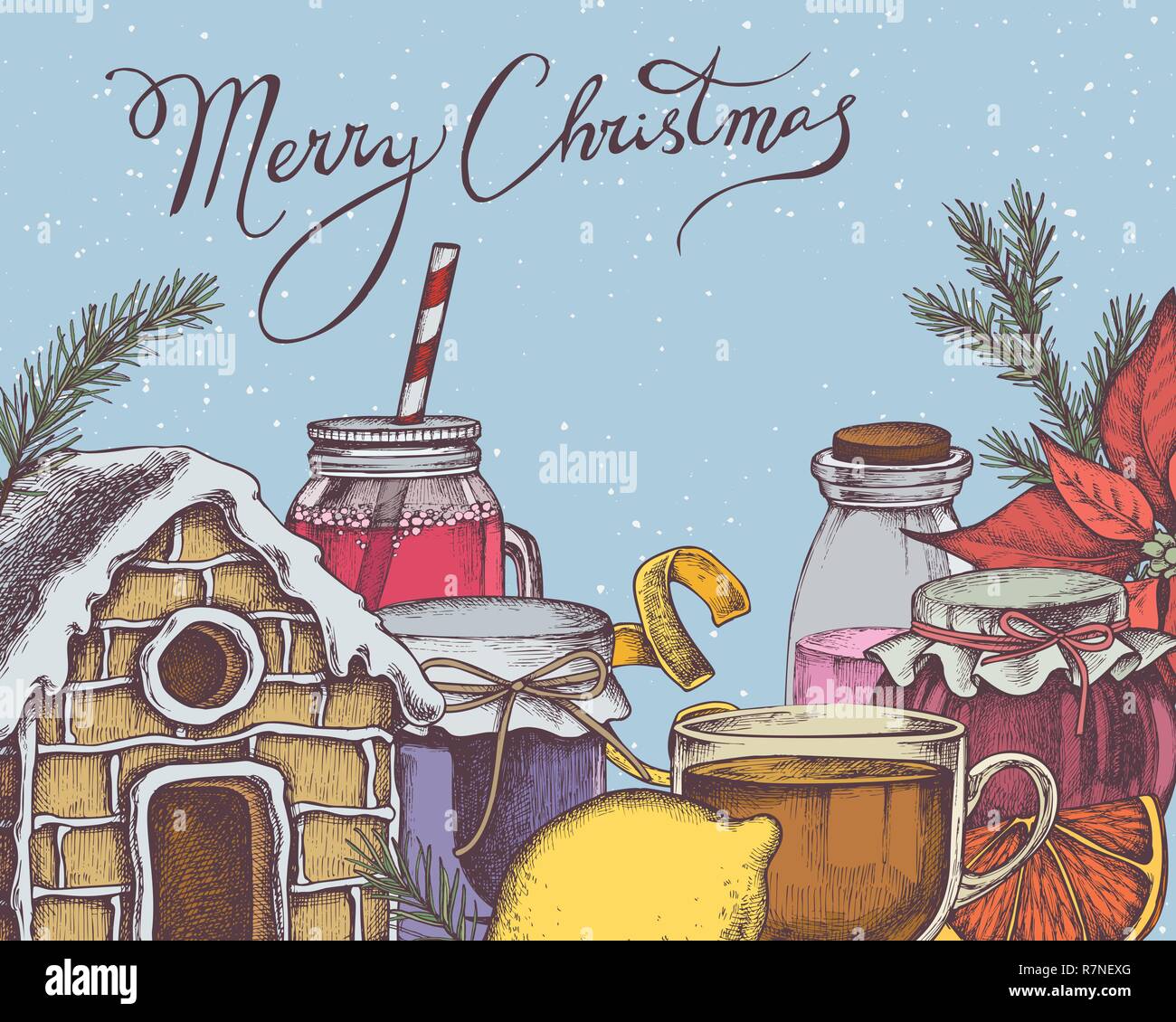 Composition des vecteurs avec des citrons, oranges, lettrage, bocaux, tasse de thé, d'épices maison, l'épinette Illustration de Vecteur