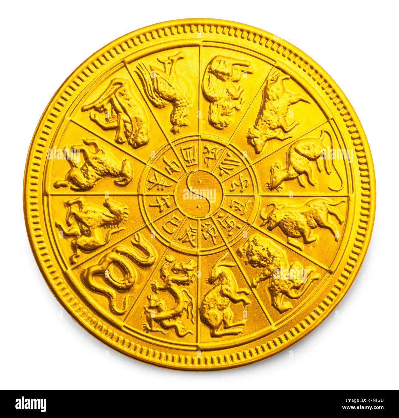 Nouvel An chinois or Zodiaque Calendrier coin isolé sur blanc. Banque D'Images