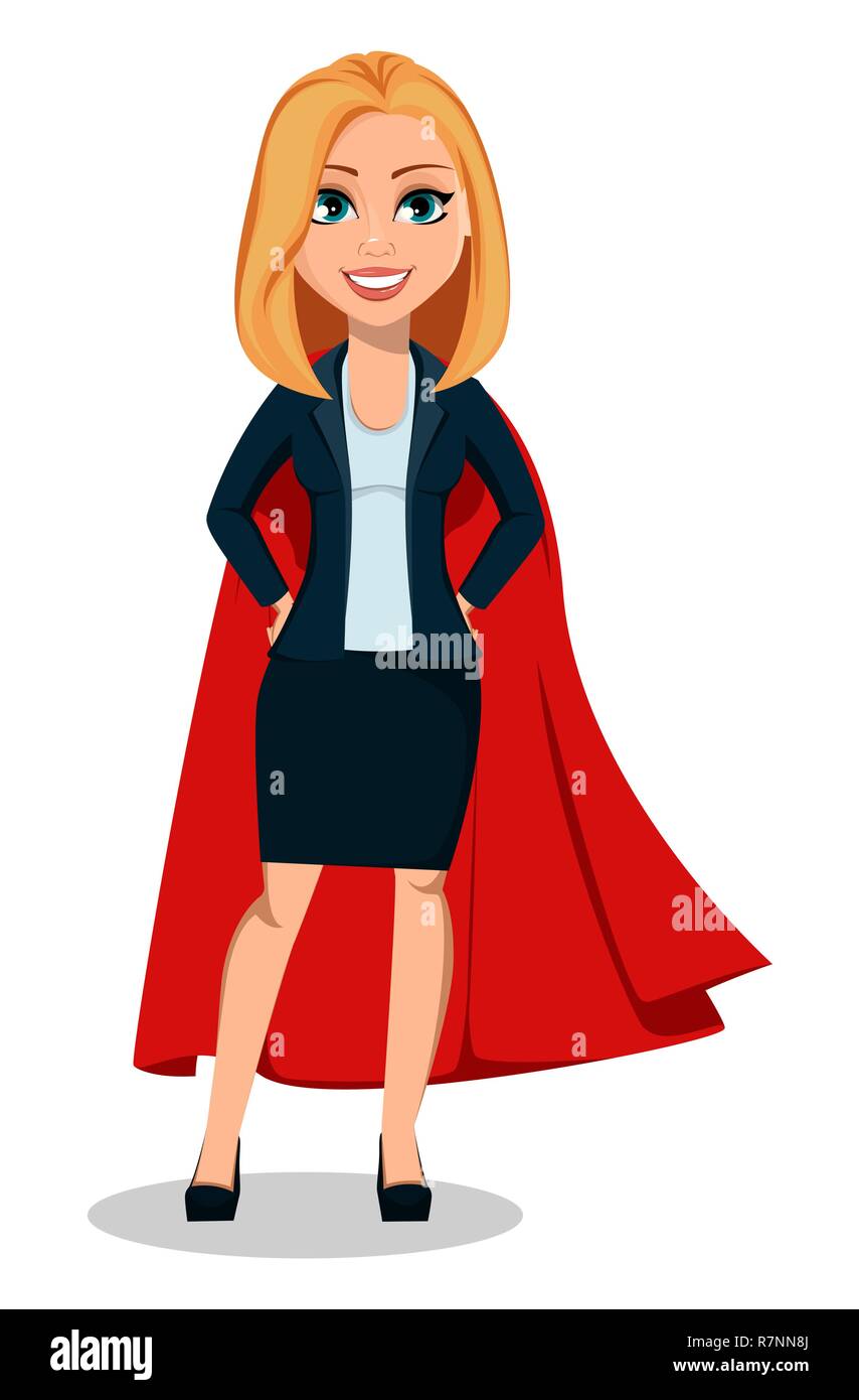 Business Woman in office vêtements de style. Dame moderne man manteau rouge comme super-héros. Joyeux personnage. Vector illustration Illustration de Vecteur