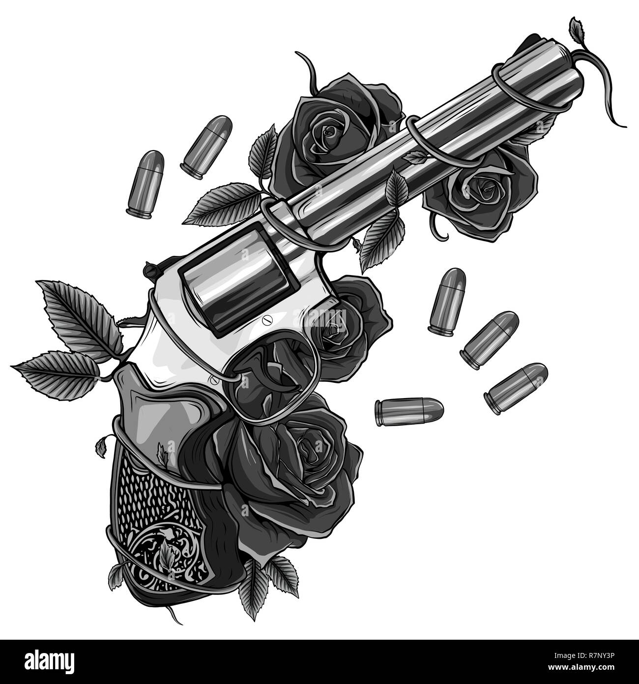 Paire de pistolets croisés et fleurs rose dessiné dans le style de tatouage. Vector illustration. Illustration de Vecteur