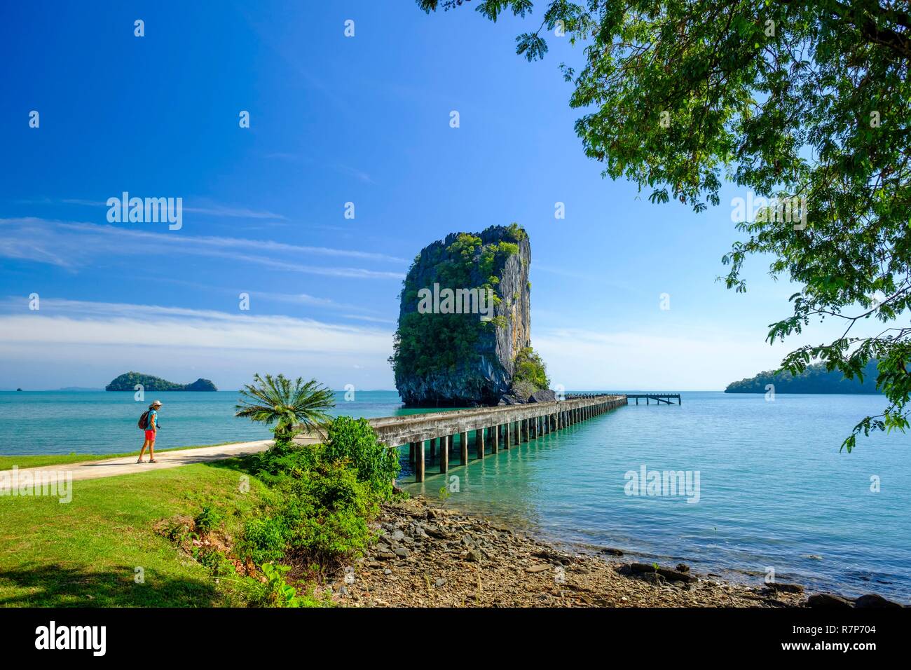 La Thaïlande, province de Phang Nga, Parc national marin de Tarutao, Ko Tarutao island, Ao, Wow Talo rock karstiques émergeant de l'océan Banque D'Images