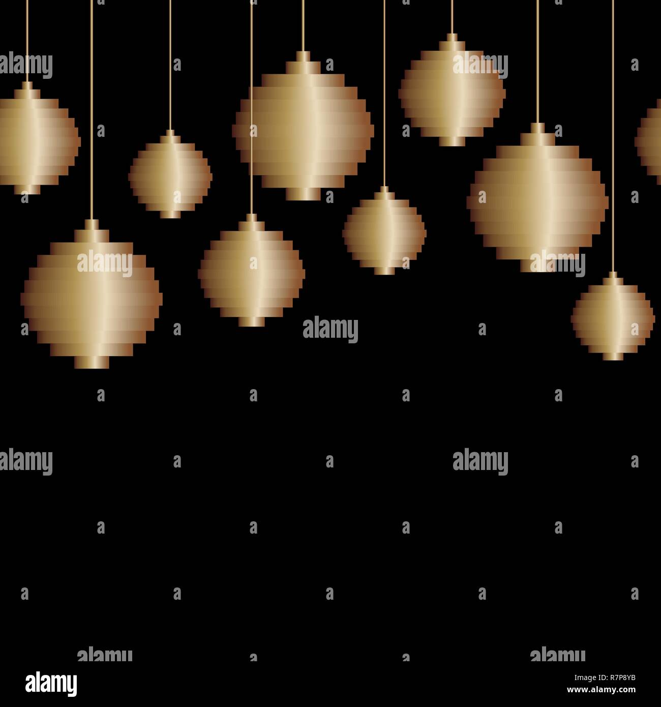 Décoration vecteur frontière perméable de golden Pixel Art Christmas Tree ball jouet sur fond noir. Contexte minimaliste noël, carte de souhaits pour Illustration de Vecteur