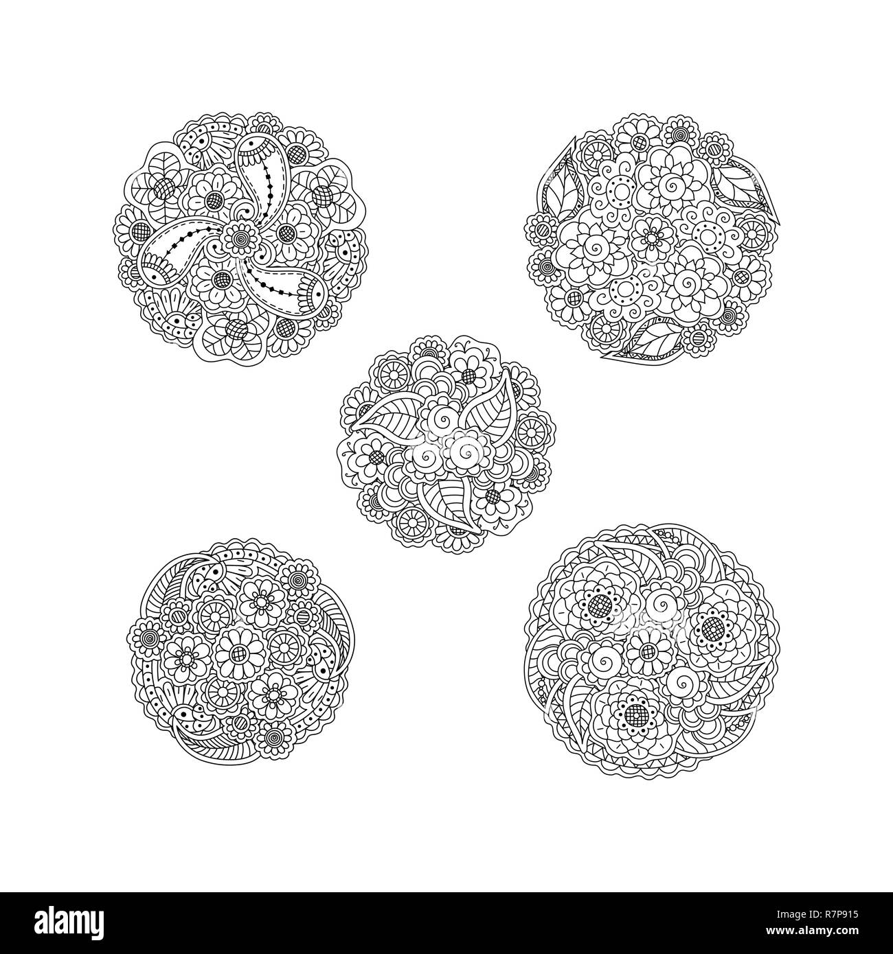 Ensemble de cinq vecteurs noir décoratif à motifs floraux mandalas, élément de conception. La page de coloriage anti stress pour les adultes. Illustration de Vecteur