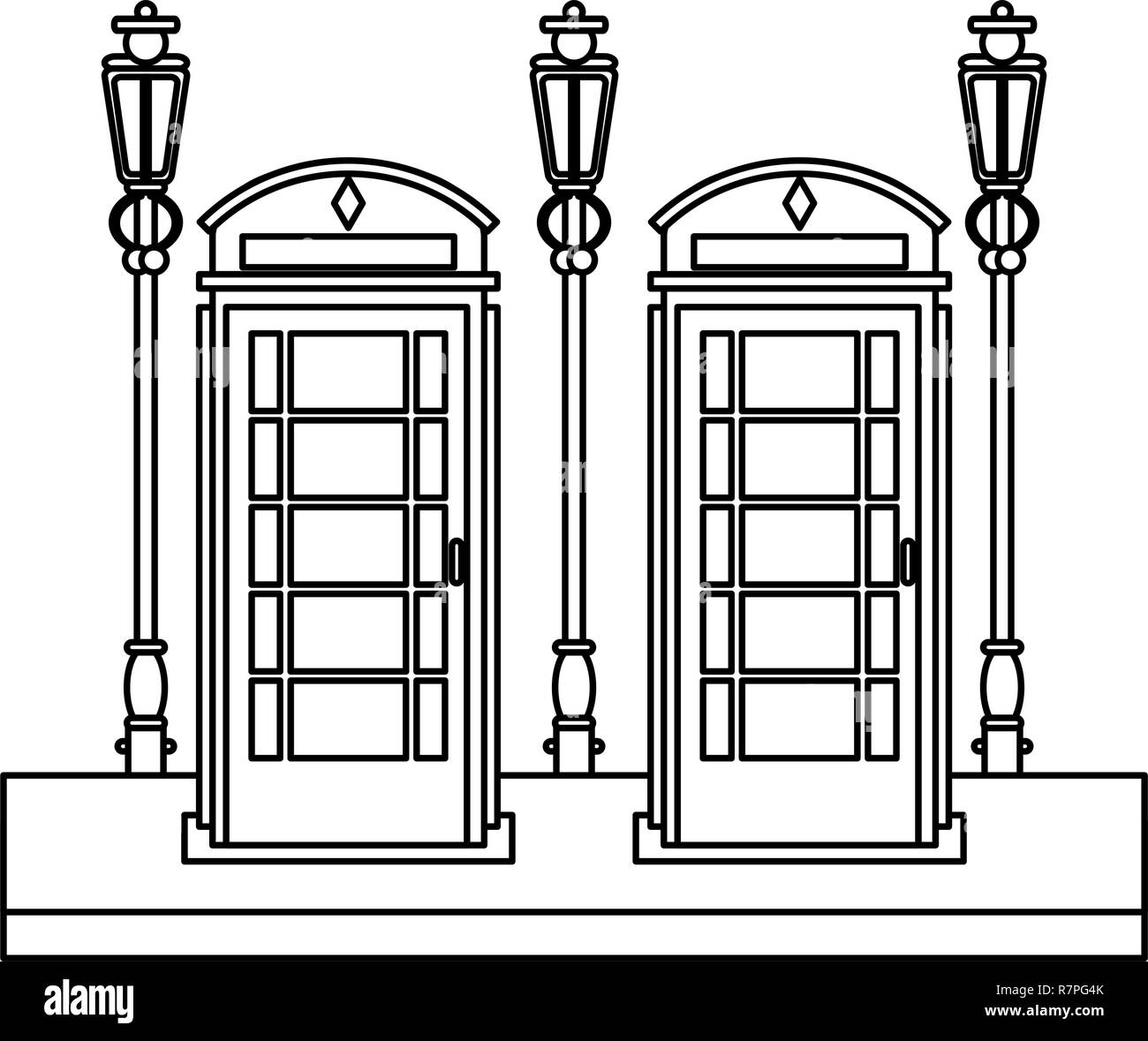 Cabine téléphonique de Londres sur la rue en noir et blanc Illustration de Vecteur