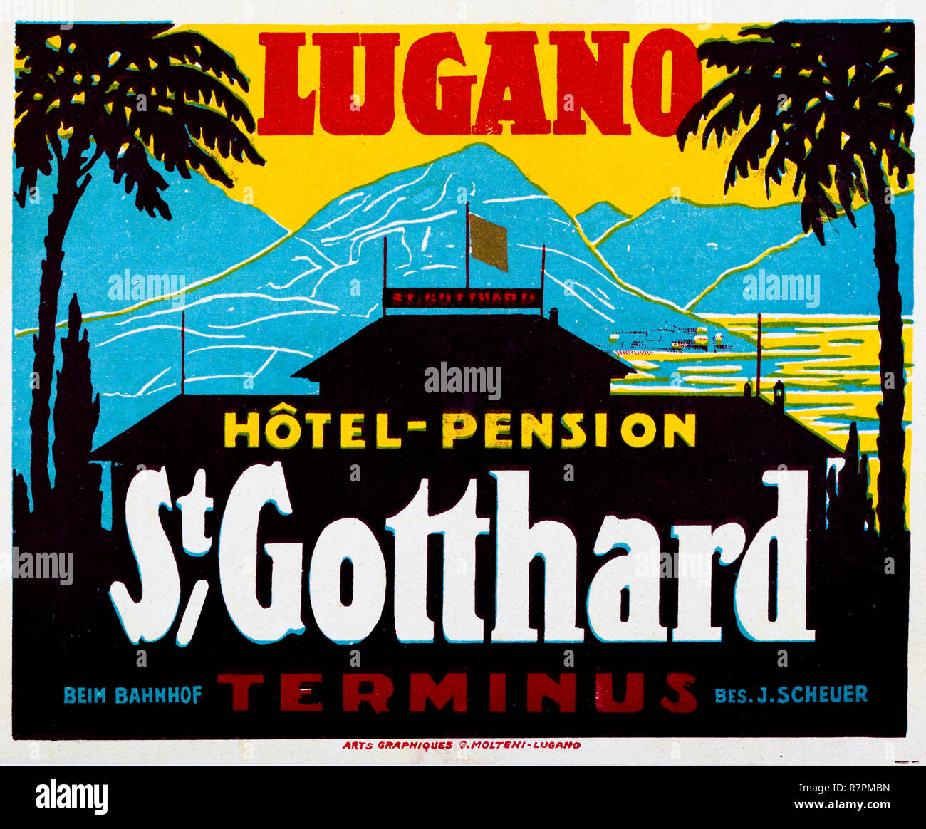 Art historiques d'un 20e siècle assurance étiquette pour Hôtel Pension sur le lac de Lugano, Suisse Banque D'Images