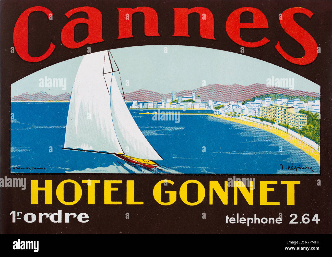 Étiquette bagage historique 20e siècle pour l'hôtel Gonnet le long de la Côte d'Azur à Cannes, France Banque D'Images