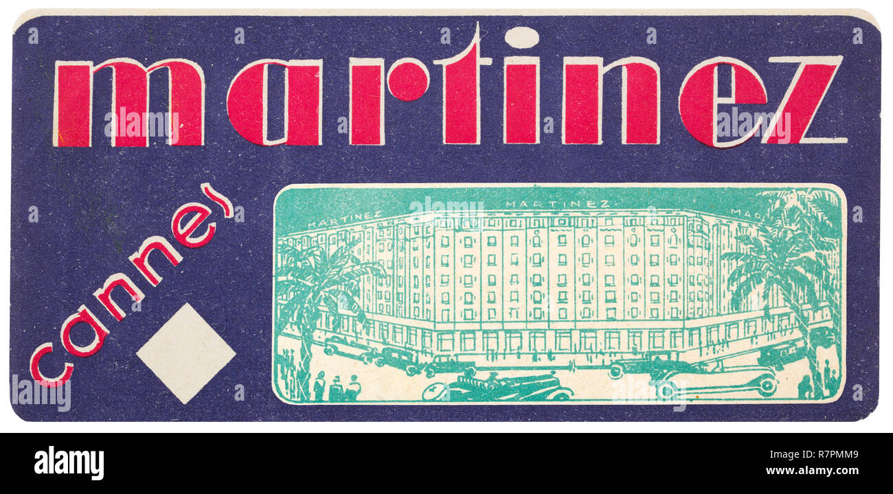 Une étiquette bagage historique 20e siècle pour l'hôtel Martinez à Cannes, France Banque D'Images