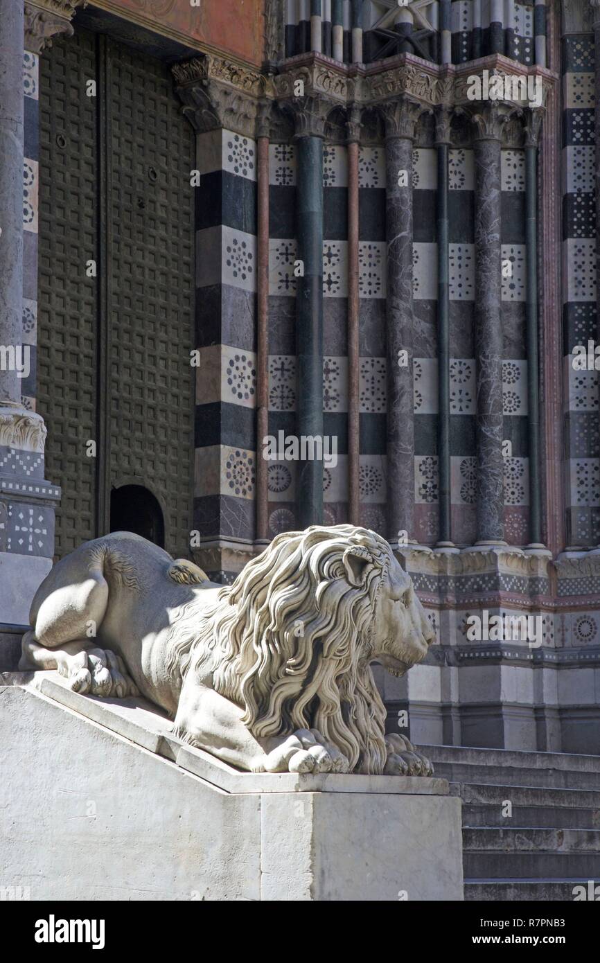 L'Italie, Ligurie, gènes, lion et colonnes de marbre adorant la façade de la catedral Banque D'Images