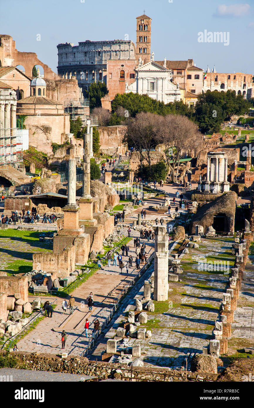 Le Forum Romain (Foro Romano) avec le Colisée en arrière-plan. Rome Italie. Banque D'Images
