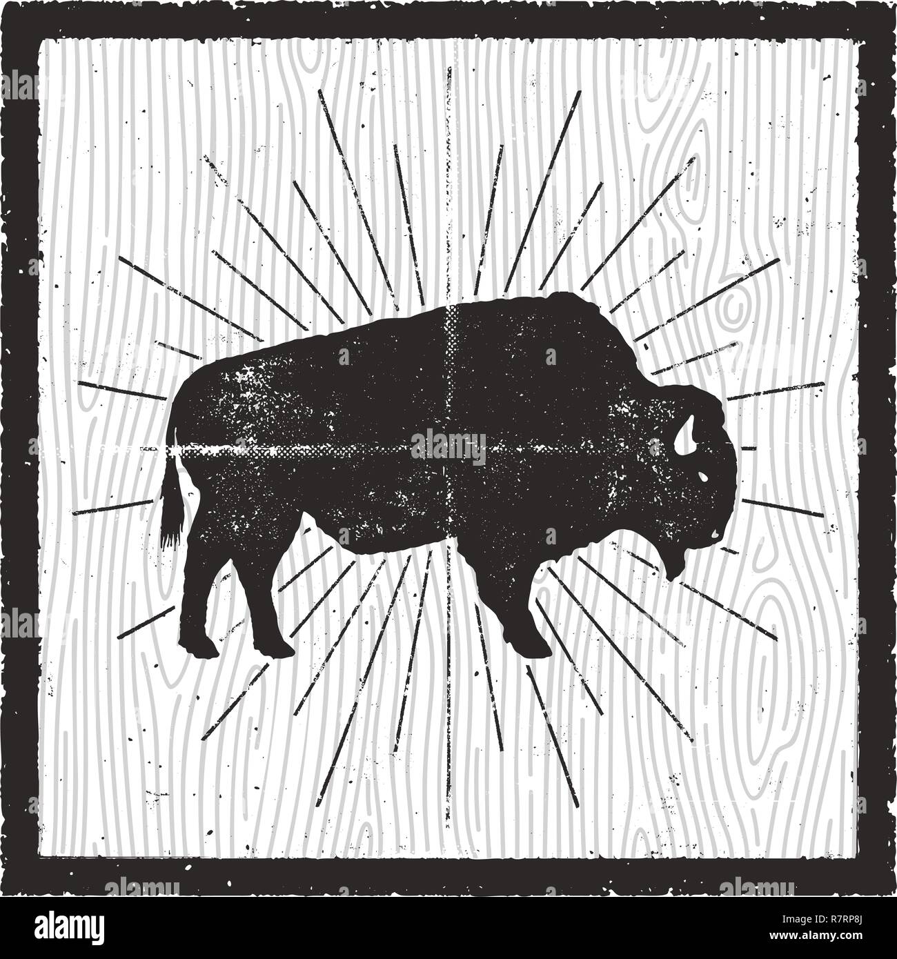 L'icône de bison silhouette. La typographie rétro effet. Buffalo avec symbole sunbursts isolé sur fond carte rétro. Utilisation pour steak house logo, infographie, logotype. Conception vectorielle Illustration de Vecteur