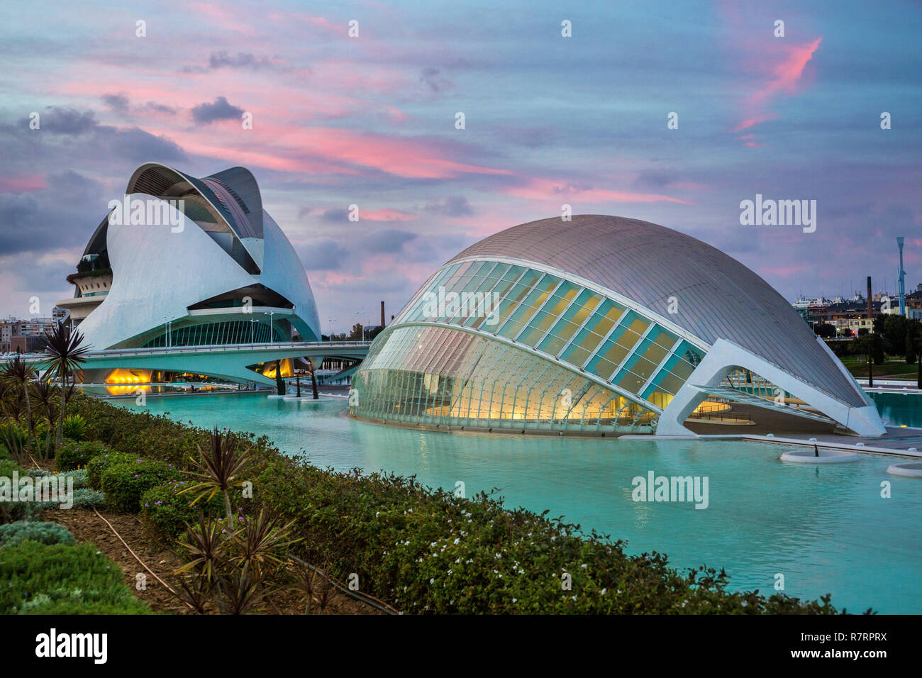 L'Hemisferic et Palais des Arts de la Reine Sofia. Cité des Arts et des Sciences . Architecte Santiago Calatrava. Valence. Comunidad Valencia. L'Espagne. L'Europe Banque D'Images