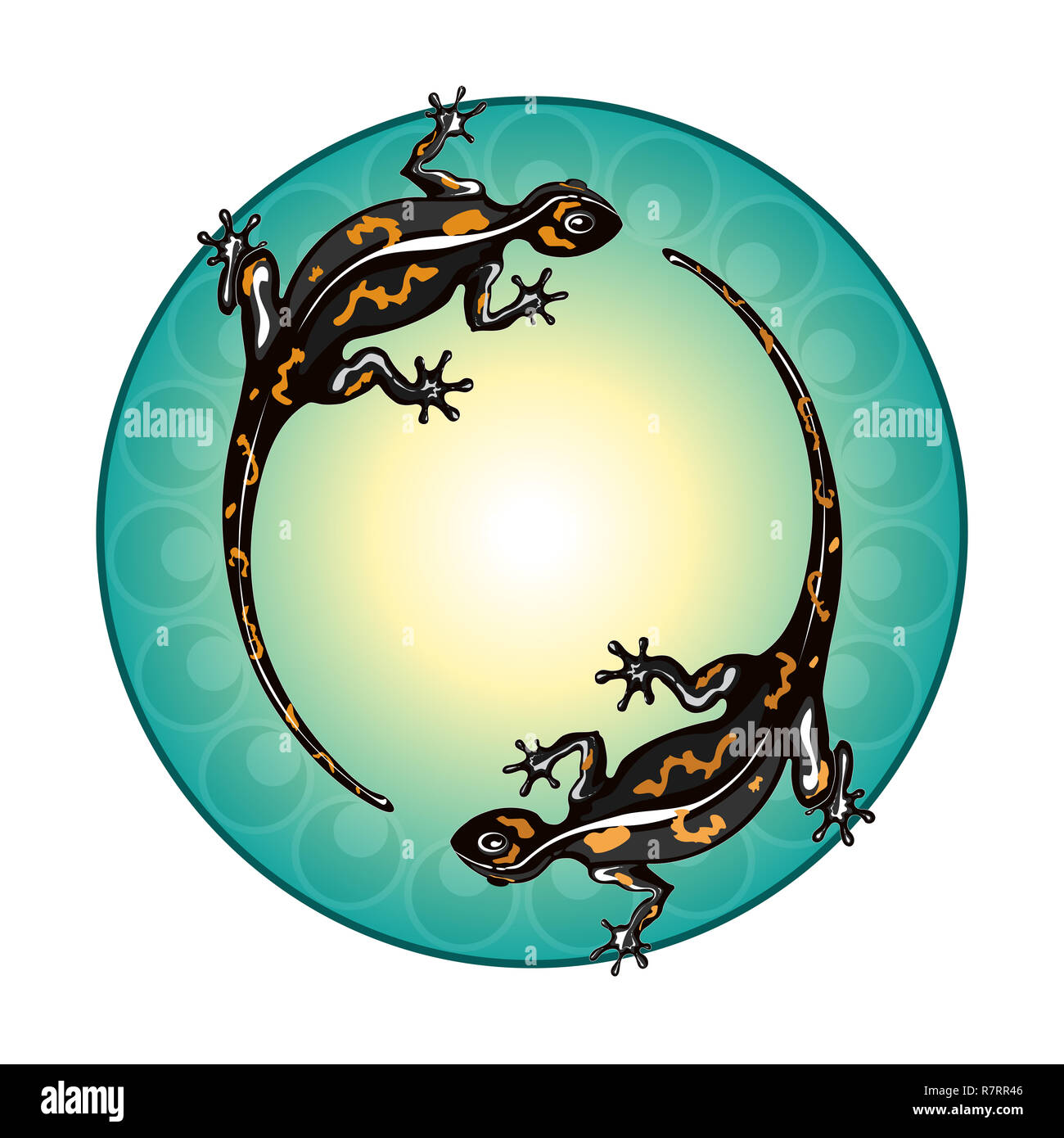 Les salamandres aller sur un cercle vert avec un ornement. Banque D'Images