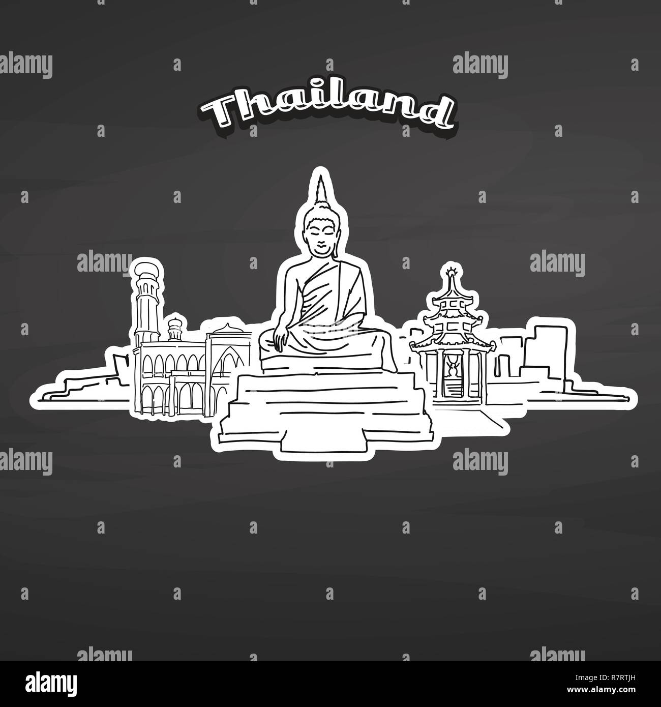 Thaïlande landmarks sur tableau noir. Vector illustration dessinée à la main. Célèbre série de destinations de voyage. Illustration de Vecteur