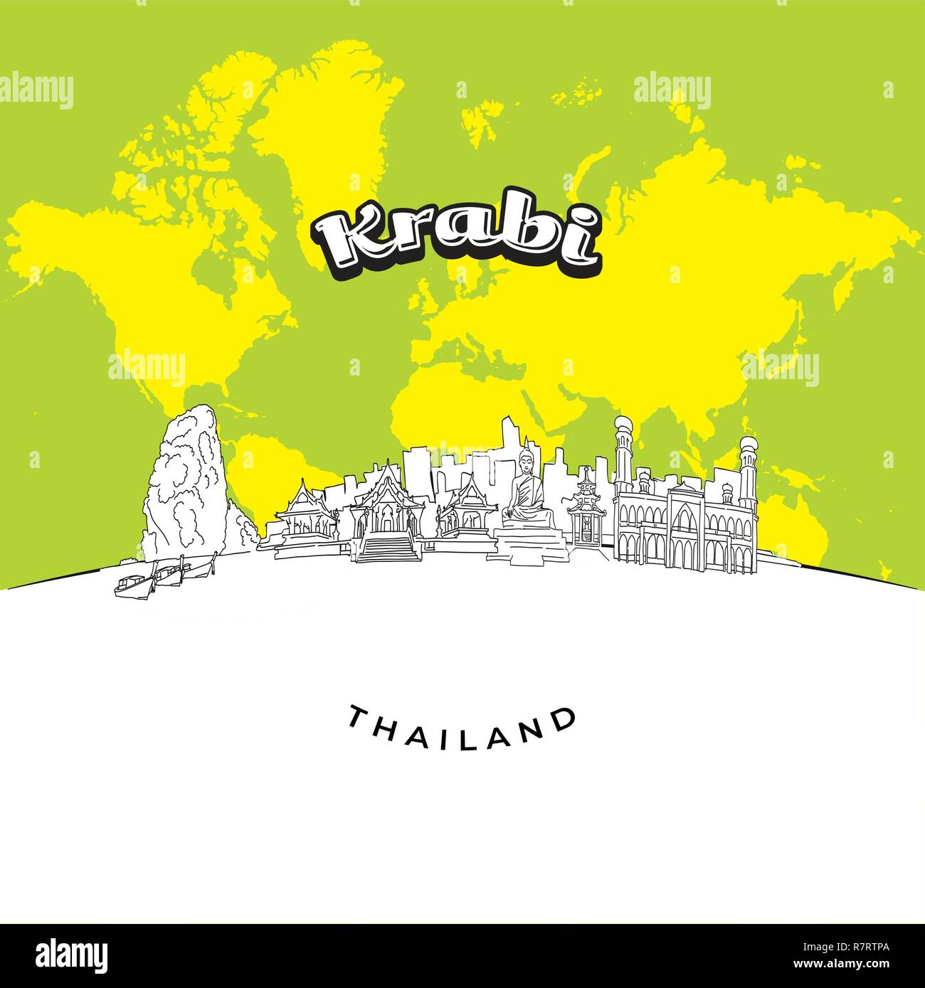 Krabi Thailande panorama dessin. Vector illustration dessinée à la main. Célèbre série de destinations de voyage. Illustration de Vecteur