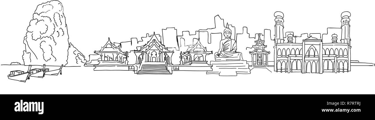 Panorama de la Thaïlande dessin. Vector illustration dessinée à la main. Célèbre série de destinations de voyage. Illustration de Vecteur