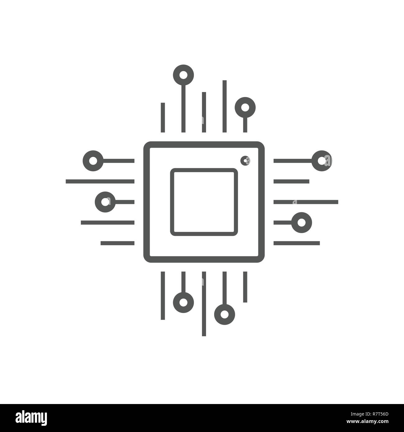 L'icône de la ligne de Microchip. CPU, Central processing unit, processeur de l'ordinateur, symbole puce en cercle. Icône ronde simple isolé sur fond noir. Logo vector moderne créative Illustration de Vecteur