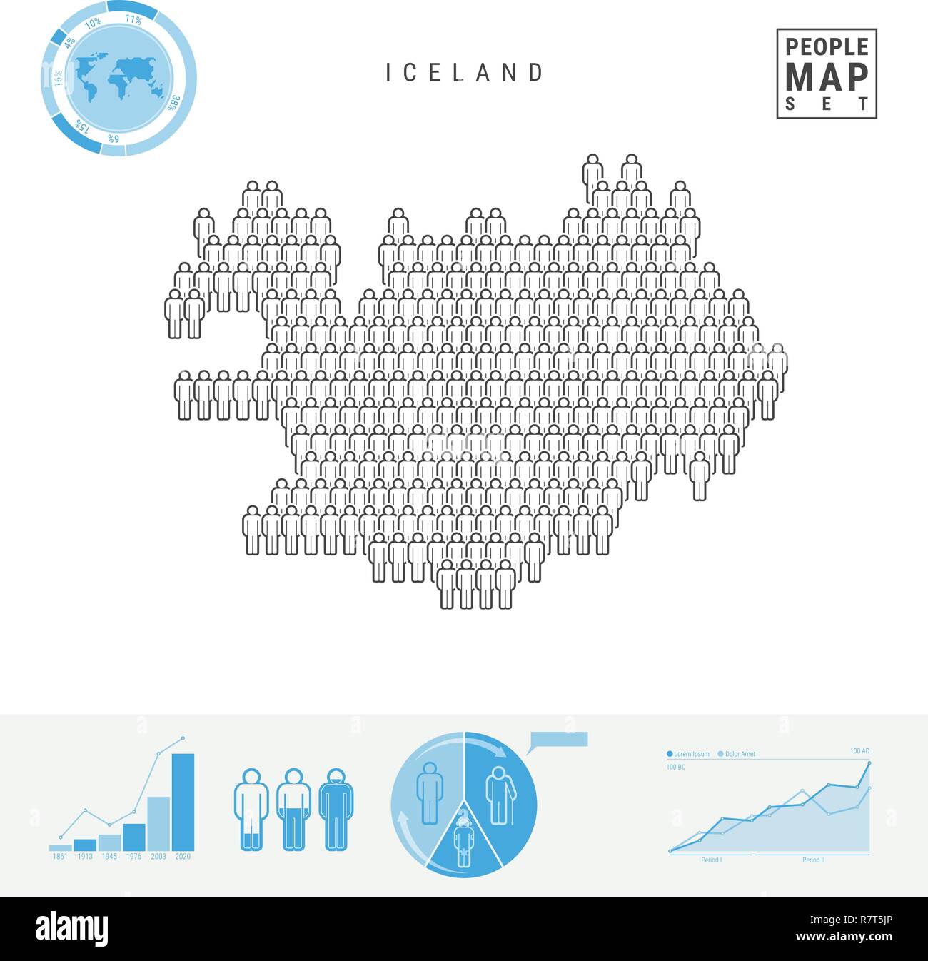 Les gens de l'Islande Carte des Icônes. Les gens foule dans la forme d'une carte de l'Islande. Silhouette stylisée de l'Islande. La croissance de la population et au vieillissement Infographie Elemen Illustration de Vecteur