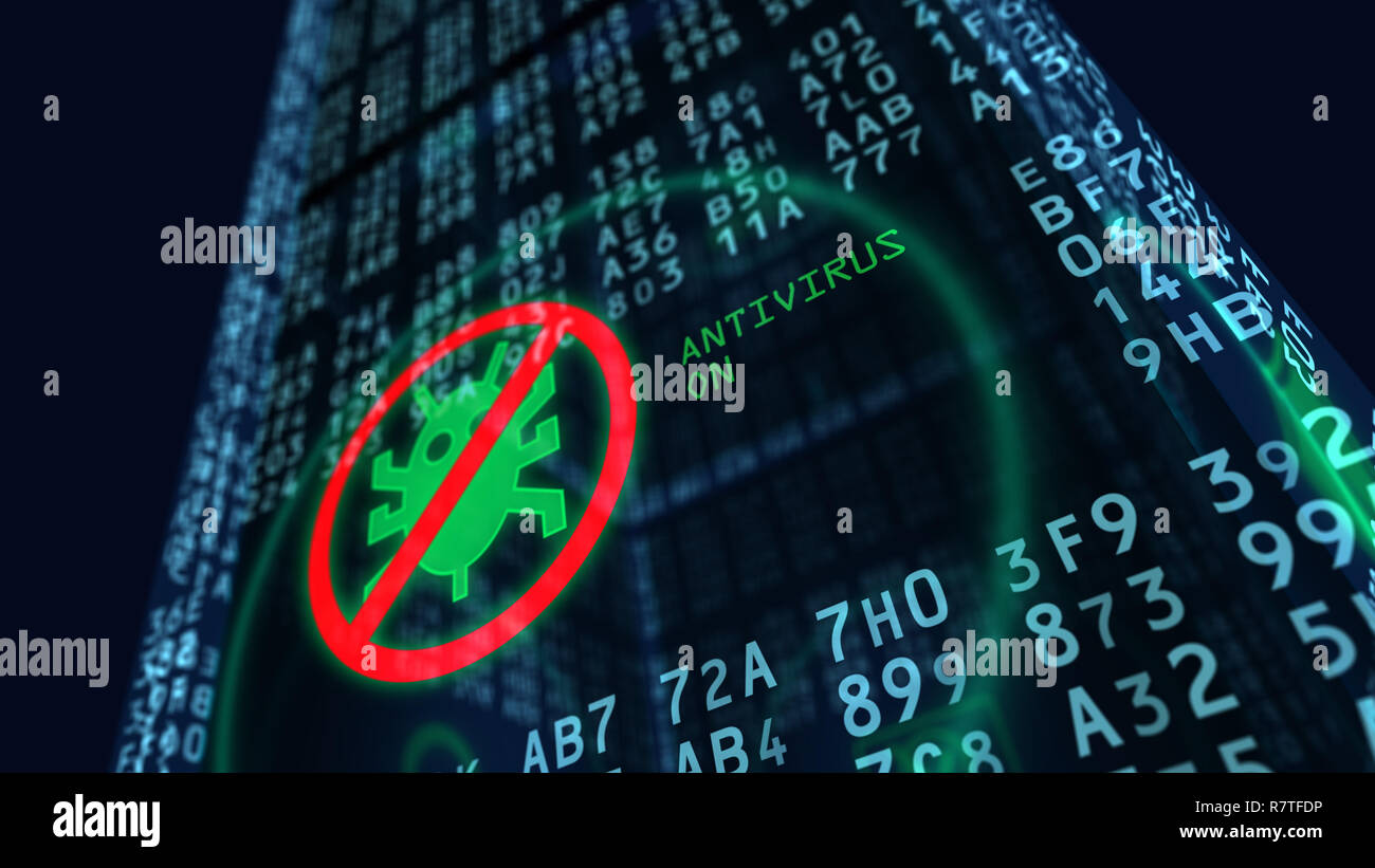 Sécurité informatique 3D illustration. Symbole d'Antivirus avec bloc numérique en arrière-plan. Concept de la protection des données, pare-feu et la sécurité informatique. Banque D'Images