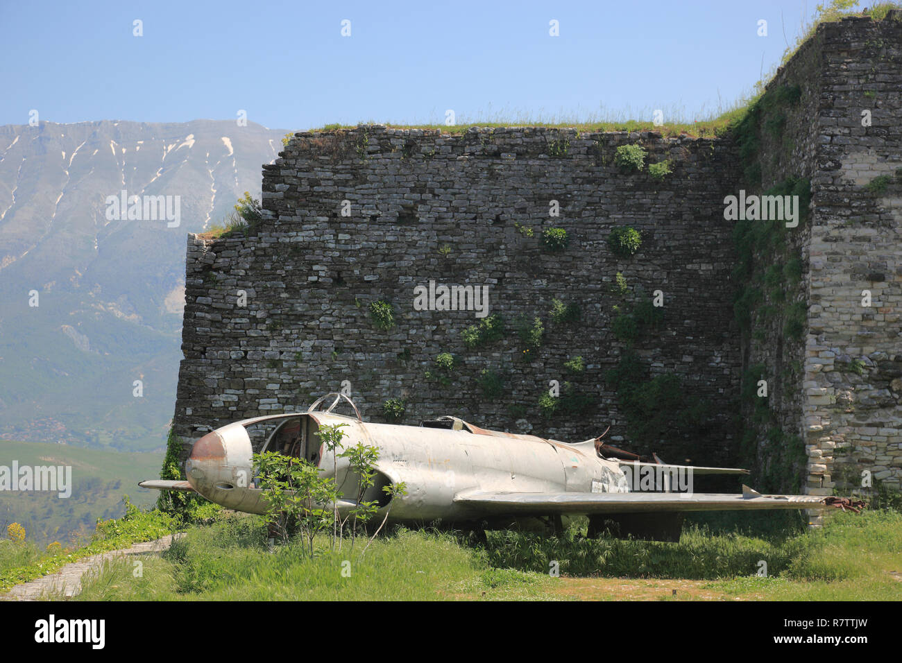 U.S.-américain Lockheed T-33 avion qui a été forcé d'atterrir en 1957, à l'affiche à la forteresse, Girokaster, comté de Gjirokastër Banque D'Images