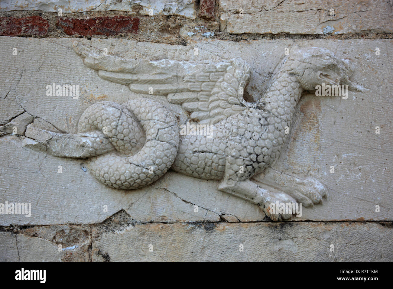 Pierre vénitien relief sur le mur extérieur de l'église Saint-Nicolas, église du monastère byzantin, Mesopotam, Albanie Banque D'Images
