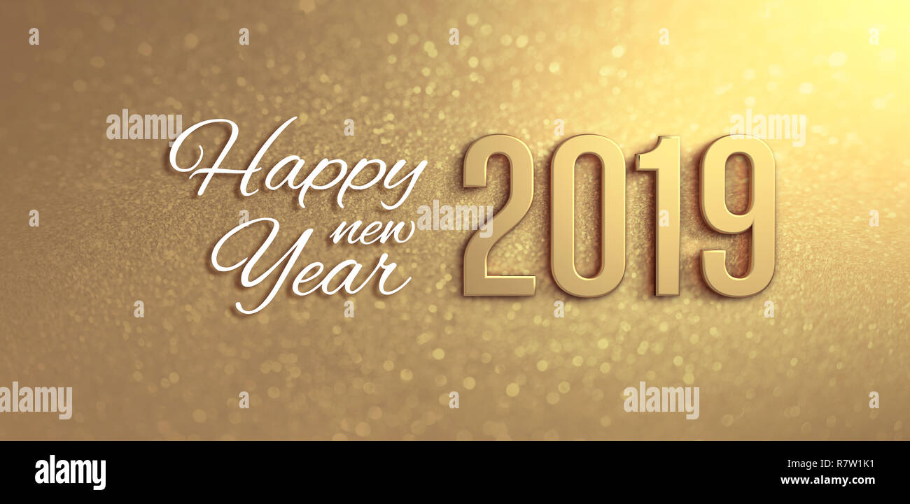 Nouvelle Année 2019 date nombre et salutations sur un fond d'or - 3D illustration Banque D'Images