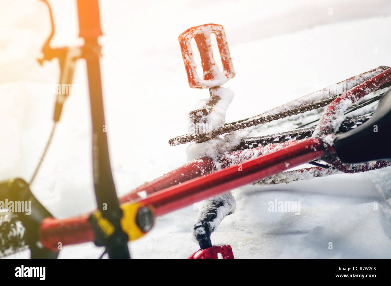 Deux vélos pour équitation extrêmes se situent dans la forêt couverte de neige. Fond VTT hiver Banque D'Images