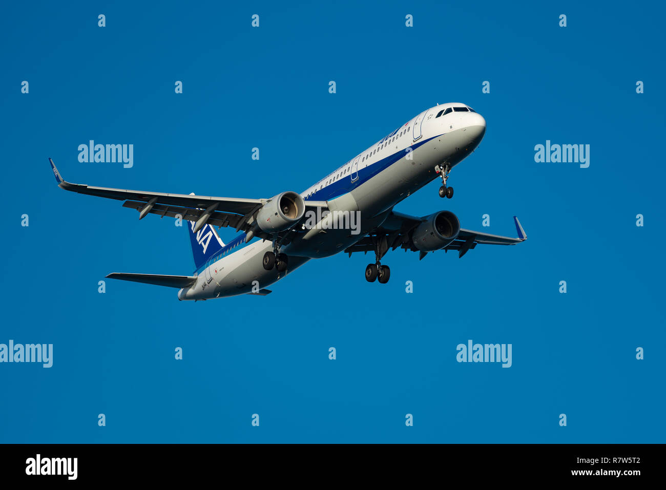 TOKYO, JAPON - OCT. 7, 2018 : ANA Airbus A321-200 l'atterrissage à l'aéroport international de Haneda, à Tokyo, au Japon. Banque D'Images