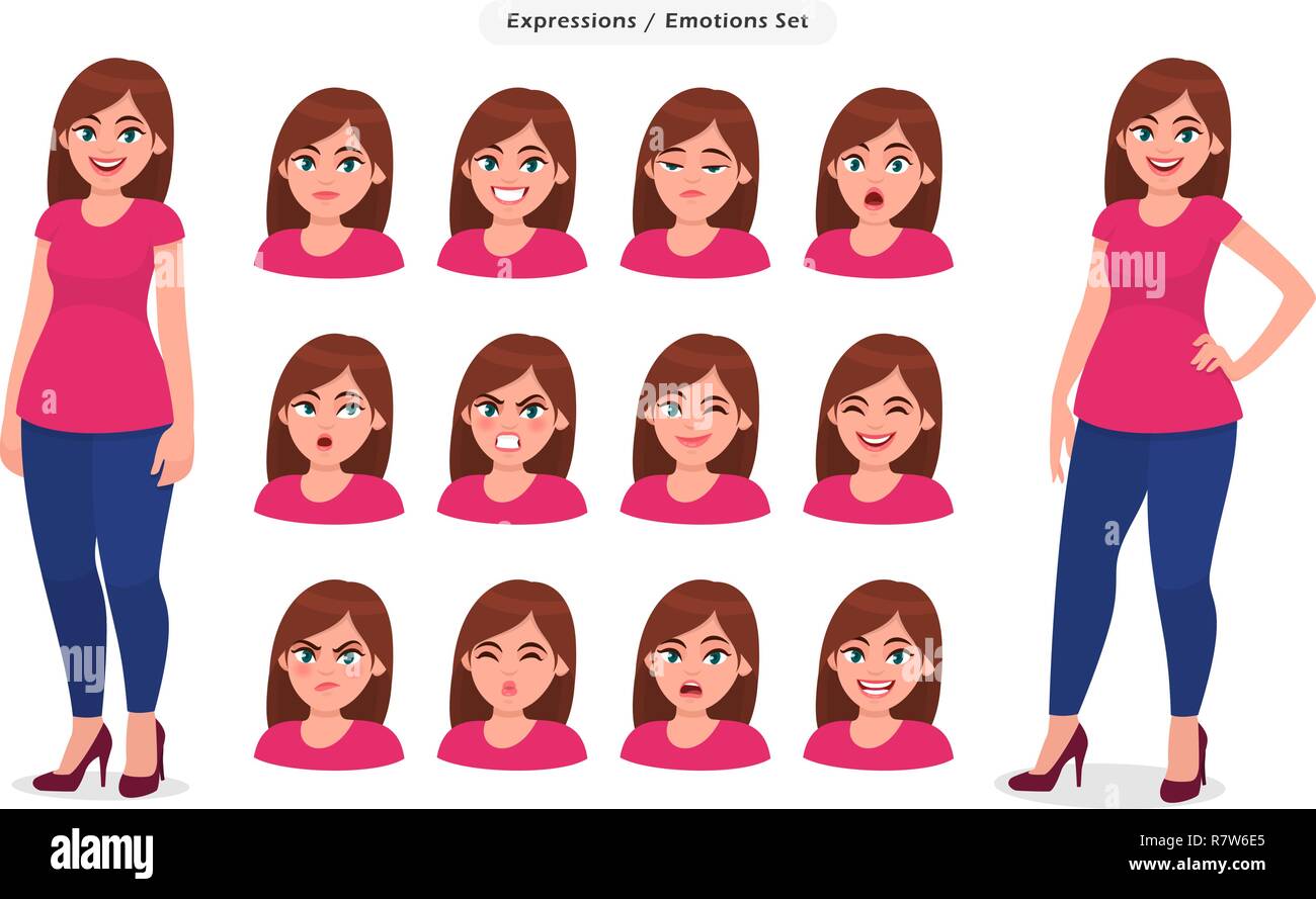 Ensemble d'expression du visage féminin. Collection de fille / femme ses émotions. Concept illustration dans le vector cartoon style. Illustration de Vecteur