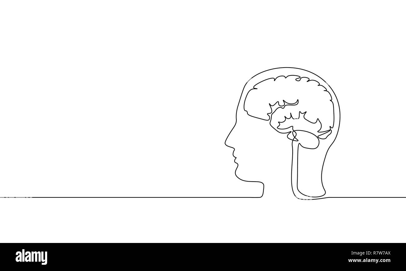 La réalité virtuelle du cerveau seule ligne art. l'esprit d'imagination active moderne rêve d'idées créatives. La silhouette mentale concept design un croquis dessin contour blanc vector illustration Illustration de Vecteur